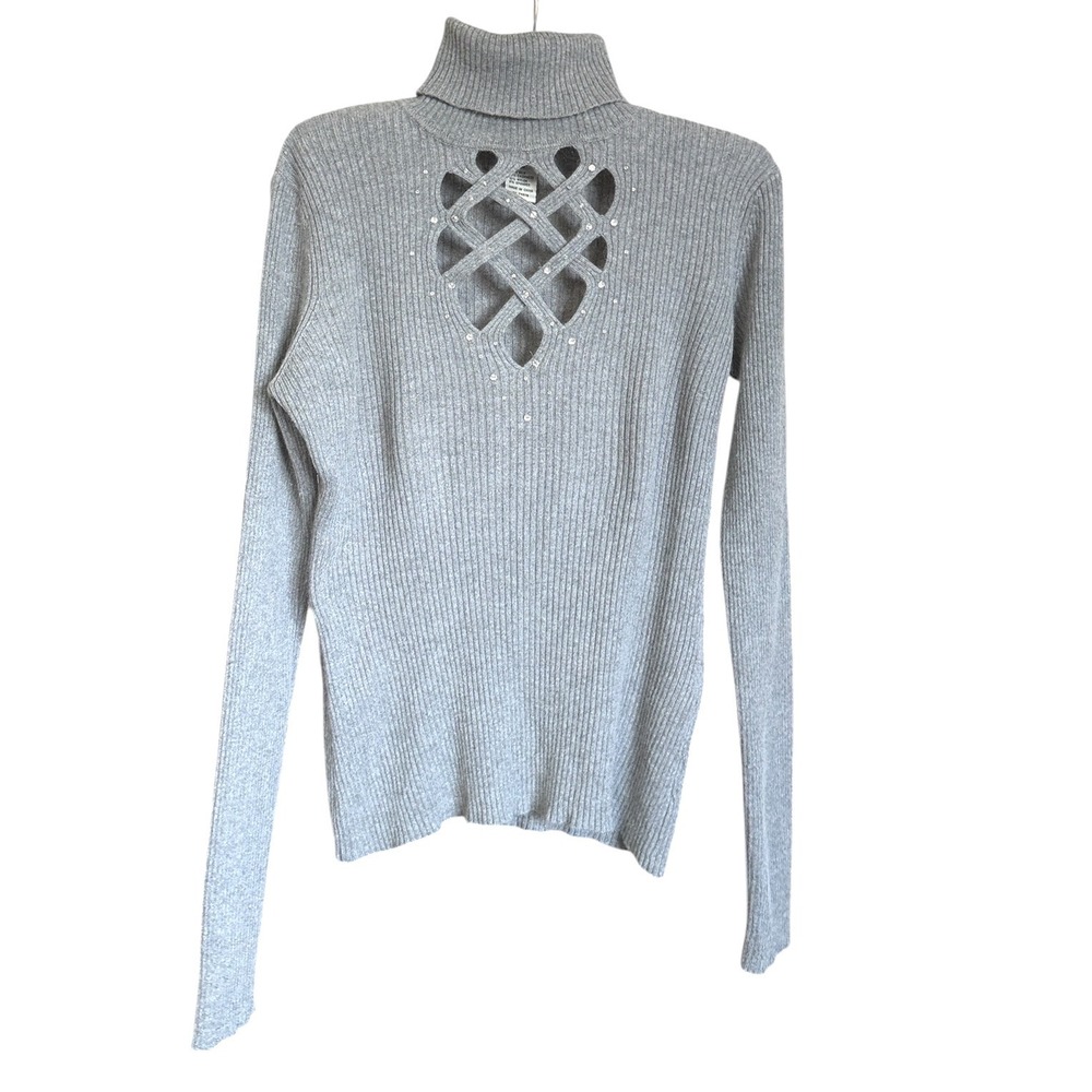 Cache Silk Cashmere Blend Ribbed‎ Turtleneck Lattice Cutout Rhinestone Grey M